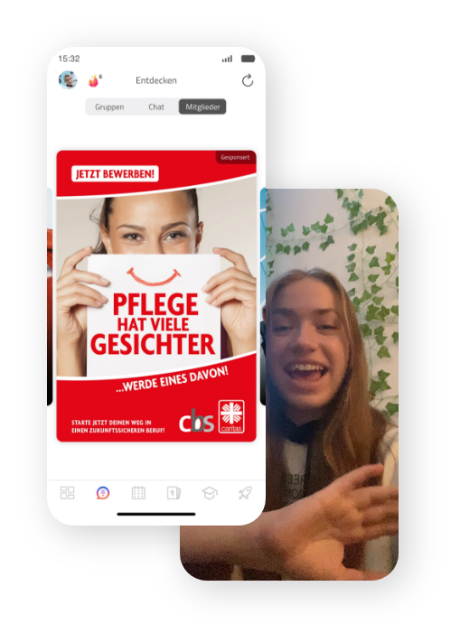 Beispielwerbung der SChülerapp scoolio und ein Infleuncerscreen